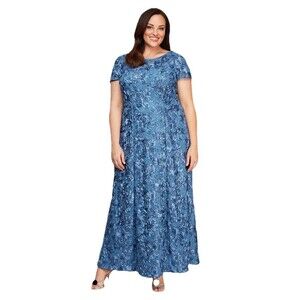 Alex Evenings 16W Blue Sequined Rosette Lace Gown Short Sleeve Formal Maxi Dress
